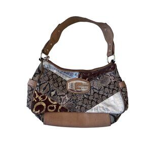 Guess Y2K Hobo Shoulder Purse Bag Brown Gold Silver Patchwork Monogram